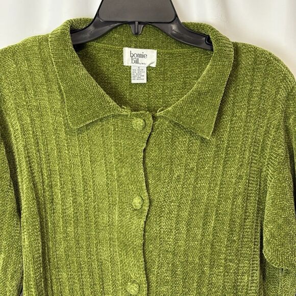 Vintage 90s Small Chenille Sweater Cardigan Peter Pan Collar Pockets Green Cozy - Picture 2 of 9